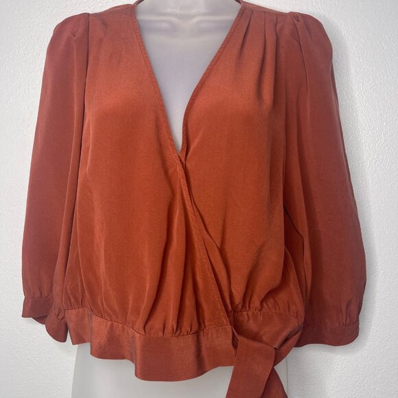 Madewell Rust 3/4 Sleeve 100% Silk Wrap Blouse V-Neck Tie Waist Detail SZ M - Picture 1 of 12
